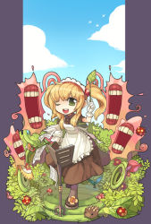 Rule 34 | 1girl, apron, blonde hair, blue sky, brown dress, brown legwear, bug, bush, caramel (ragnarok online), cloud, commentary request, curly sue, dress, flora (ragnarok online), frilled apron, frills, full body, gloves, green eyes, hedgehog, holding, holding leaf, holding paper, insect, kafra uniform, ladybug, leaf, looking at viewer, maid, maid headdress, medium hair, mushroom, one eye closed, open mouth, paper, plant, puffy short sleeves, puffy sleeves, ragnarok online, short sleeves, sky, smile, stainer, taruk, teeth, two side up, white apron, white gloves