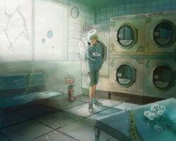 Rule 34 | 1boy, angel, arrow (symbol), bench, blonde hair, blue shirt, bouquet, caution tape, clock, closed mouth, commentary request, crack, cracked glass, fire extinguisher, flower, grey shorts, halo, highres, holding, holding clothes, indoors, kojima midoriko, laundromat, male focus, original, shirt, shoes, short hair, shorts, sneakers, solo, standing, sunlight, table, tile floor, tile wall, tiles, wall clock, washing machine, white halo, white wings, wide shot, window, wings