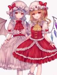 Rule 34 | 2girls, :d, ascot, bat wings, bebitera, blonde hair, blue hair, bow, closed mouth, commentary, crystal, dress, fangs, feet out of frame, flandre scarlet, frilled dress, frilled skirt, frilled sleeves, frills, hat, hat bow, highres, lace-trimmed ascot, lace-trimmed headwear, lace-trimmed sleeves, lace trim, long hair, looking at viewer, medium hair, mob cap, multiple girls, one side up, open mouth, pantyhose, pointy ears, puffy short sleeves, puffy sleeves, red ascot, red bow, red eyes, red skirt, red vest, remilia scarlet, short sleeves, siblings, simple background, sisters, skirt, skirt hold, smile, touhou, vest, white background, white dress, white headwear, white pantyhose, wings, wrist cuffs, yellow ascot