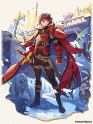 Rule 34 | 1boy, 1girl, belt, black pants, brown hair, cape, cat, dragalia lost, fingerless gloves, full body, fur trim, gloves, green eyes, holding, holding stuffed toy, holding sword, holding weapon, leif (dragalia lost), looking to the side, official art, pants, red cape, red gloves, red hair, short hair, standing, stuffed animal, stuffed rabbit, stuffed toy, sword, thigh strap, weapon