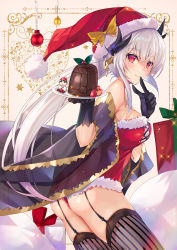 Rule 34 | 1girl, ass, black gloves, black thighhighs, blush, breasts, dragon horns, dress, fate/grand order, fate (series), fur trim, garter straps, gloves, hat, horns, inoue takuya (tactactak), kiyohime (fate), kiyohime (third ascension) (fate), large breasts, long hair, looking at viewer, medium breasts, multiple horns, red dress, red eyes, red hat, santa costume, santa hat, short dress, sideboob, silver hair, smile, solo, thighhighs, thighs