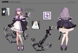 Rule 34 | 1girl, absurdres, armband, artist name, back, bare shoulders, black jacket, blush, bow, bow (weapon), character sheet, concept art, crossbow, dress, english text, flat color, frilled dress, frills, grey background, hair bow, high heels, highres, huge weapon, jacket, long hair, multiple views, open clothes, open jacket, original, parted lips, photo inset, ponytail, purple bow, purple eyes, purple footwear, purple hair, purple neckwear, reference photo, sbbs, side ponytail, simple background, single thighhigh, sleeves past wrists, standing, thigh strap, thighhighs, thighstrap, transparent, weapon, white dress, white thighhighs