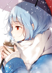 Rule 34 | 1girl, blue coat, blue eyes, blue hair, breath, coat, commentary request, cup, drink, eyebrows, from side, heterochromia, highres, holding, holding cup, holding umbrella, ke-ta, long sleeves, looking away, own hands together, parted lips, red eyes, scarf, short hair, simple background, sleeves past wrists, snowing, solo, tatara kogasa, touhou, two-handed, umbrella, white background, white scarf