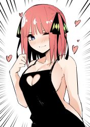 Rule 34 | 1girl, absurdres, apron, arm behind back, black apron, black ribbon, blue eyes, blush, breasts, butterfly hair ornament, cleavage, cleavage cutout, closed mouth, clothing cutout, collarbone, commentary request, curvy, emphasis lines, eyebrows hidden by hair, eyelashes, go-toubun no hanayome, hair ornament, hair ribbon, hand up, heart, heart cutout, highres, large breasts, looking at viewer, mame1645, medium hair, nakano nino, naked apron, nose blush, one eye closed, pink hair, ribbon, shy, simple background, smile, solo, straight hair, two side up, upper body, v-shaped eyebrows, wavy mouth, white background