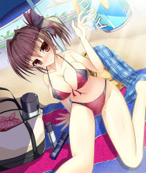 Rule 34 | 1girl, bag, bikini, blush, breasts, brown eyes, brown hair, can, cleavage, drink can, dutch angle, female focus, hair ribbon, large breasts, looking at viewer, navel, original, pov, rankiryuu, ribbon, short hair, side ponytail, sitting, smile, soda can, solo, sweat, swimsuit, thermos