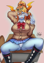 Rule 34 | + +, 1girl, ahoge, argyle, argyle clothes, argyle legwear, artist name, blue skin, blue skirt, blush, bow, breasts, colored skin, covered erect nipples, covering face, covering own eyes, demon girl, demon horns, desk, drooling, fang, female focus, hera-ur (p&amp;d), hera (p&amp;d), horns, large breasts, long hair, long sleeves, looking at viewer, microskirt, orange hair, panties, partially visible vulva, pleated skirt, pointy ears, ponytail, puzzle &amp; dragons, qblade, saliva, school desk, school uniform, see-through, sitting, skirt, solo, symbol-shaped pupils, tiara, underwear, v, wavy mouth, white panties, yellow eyes