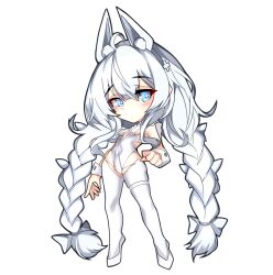 Rule 34 | 1girl, azur lane, bare shoulders, blue eyes, braid, chibi, extra ears, full body, godgamesc2, leotard, low twintails, sideways glance, simple background, standing, symbol-shaped pupils, thigh strap, thighhighs, tiptoes, twin braids, twintails, white background, white hair, wrist cuffs