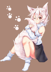 Rule 34 | 1girl, absurdres, ahoge, akiteru (akiteru98), animal ear fluff, animal ears, bare shoulders, between legs, black skirt, blush, brown background, commentary, detached sleeves, fang, fang out, full body, fur trim, hair between eyes, highres, hugging own tail, hugging tail, inubashiri momiji, knees up, long sleeves, looking at viewer, miniskirt, no headwear, no shoes, one eye closed, paw print, red eyes, shirt, short hair, silver hair, simple background, sitting, skin fang, skirt, socks, solo, tail, tail between legs, thighs, touhou, white shirt, white socks, wolf ears, wolf tail