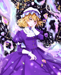 Rule 34 | 1girl, ascot, blonde hair, brooch, bug, butterfly, commentary request, cowboy shot, dress, frilled sleeves, frills, gem, hand on own cheek, hand on own face, hat, highres, insect, jewelry, juliet sleeves, long sleeves, maribel hearn, mob cap, parted lips, puffy sleeves, purple butterfly, purple dress, purple gemstone, ringocha, short hair, solo, touhou, white ascot, yellow eyes