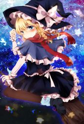 Rule 34 | 1girl, blonde hair, blue eyes, blush, braid, broom, broom riding, capelet, female focus, hair ribbon, hand on headwear, hat, hat ribbon, highres, kirisame marisa, long hair, looking back, perfect cherry blossom, red scarf, ribbon, scarf, shirt, shromann, skirt, skirt set, solo, star (symbol), touhou, witch, witch hat
