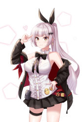 Rule 34 | 1girl, absurdres, animal ears, bare shoulders, black bow, black bowtie, black jacket, black skirt, bow, bowtie, breasts, brown eyes, closed mouth, crescent, crescent earrings, earrings, fake animal ears, five-seven (girls&#039; frontline), girls&#039; frontline, gongbangmanchi (daisy cutter), hair ornament, hand on own hip, highres, holster, jacket, jacket on shoulders, jewelry, long hair, looking at viewer, medium breasts, ponytail, rabbit ears, silver hair, simple background, skirt, smile, solo, standing