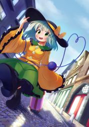 Rule 34 | 1girl, :d, absurdres, arm up, black hat, blush, cloud, day, green eyes, green hair, hat, highres, holding, holding clothes, holding hat, koishi day, komeiji koishi, looking at viewer, open mouth, polyhedron2, rolling suitcase, skirt, sky, smile, solo, suitcase, third eye, touhou