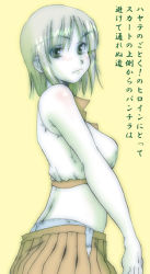 Rule 34 | 00s, 1girl, aizawa sakuya, blush, cowboy shot, eyebrows, from side, hayate no gotoku!, looking at viewer, midriff, muted color, open clothes, open skirt, p.i.l., panties, short hair, skirt, solo, translation request, underwear, yellow background