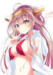 Rule 34 | 1girl, ahoge, bikini, blush, breasts, brown hair, closed mouth, hair ornament, highres, hizaka, kantai collection, kongou (kancolle), kongou kai ni (kancolle), large breasts, long hair, looking at viewer, one-hour drawing challenge, purple eyes, red bikini, simple background, smile, solo, swimsuit, twitter username, white background
