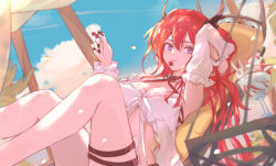 Rule 34 | absurdres, arknights, arm up, breasts, highres, horns, large breasts, lolifreak, long hair, looking at viewer, purple eyes, red hair, self-upload, solo, surtr (arknights), surtr (colorful wonderland) (arknights), swimsuit, thighs