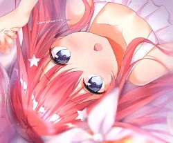 Rule 34 | 1girl, amedamacon, artist name, bare shoulders, blue eyes, blurry, blurry background, blush, chestnut mouth, commentary, depth of field, dress, fingernails, go-toubun no hanayome, hair between eyes, hair ornament, hand up, holding hands, looking at viewer, lying, nakano itsuki, on back, open mouth, out of frame, ribbon, signature, sleeveless, sleeveless dress, solo focus, star (symbol), star hair ornament, upside-down, white dress, white ribbon
