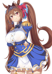 Rule 34 | 1girl, animal ears, antenna hair, arms under breasts, blue skirt, blush, bow, bowtie, breast hold, breasts, brown hair, buttons, center frills, closed mouth, cowboy shot, crossed arms, daiwa scarlet (umamusume), double-breasted, epaulettes, fang, fang out, framed breasts, frilled shirt, frills, garter straps, hair between eyes, hair intakes, highres, horse ears, horse girl, horse tail, juliet sleeves, large breasts, long hair, long sleeves, looking at viewer, narrow waist, overskirt, puffy sleeves, red eyes, shirt, simple background, skirt, smile, solo, tail, takimoto yukari, thick thighs, thighhighs, thighs, tiara, twintails, umamusume, very long hair, white background, white shirt, white skirt, wide hips