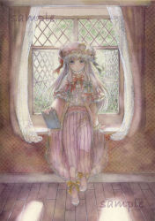 Rule 34 | 1girl, arm support, bad id, bad pixiv id, book, bow, bowtie, capelet, curtains, dress, full body, hair ribbon, hat, holding, light, long hair, looking at viewer, open window, painting (medium), patchouli knowledge, pink footwear, purple eyes, purple hair, ribbon, sample watermark, see-through, shoes, solo, standing, striped clothes, striped dress, touhou, traditional media, tress ribbon, vertical stripes, wacolor, watercolor (medium), watermark, window