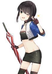 Rule 34 | 1girl, adapted costume, alternate costume, bandeau, black gloves, black hair, black skirt, black thighhighs, cowboy shot, cropped jacket, fubuki (kancolle), fubuki kai ni (kancolle), gloves, green eyes, jacket, kantai collection, long hair, looking at viewer, low ponytail, miniskirt, multicolored clothes, multicolored jacket, one-hour drawing challenge, one eye closed, ponytail, race queen, short ponytail, sidelocks, simple background, skirt, solo, thighhighs, white background, yamashichi (mtseven)