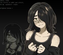 Rule 34 | 1girl, bare shoulders, black background, black hair, freckles, jersey, julia (the coffin of andy and leyley), light smile, looking at viewer, one eye covered, qqubbell, the coffin of andy and leyley, yellow eyes