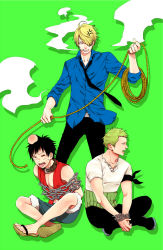 Rule 34 | 3boys, angry, bdsm, black hair, black neckwear, blonde hair, blue shirt, bondage, bound, bound wrists, chain, chained, chain, collared shirt, green hair, green theme, hair over one eye, haramaki, highres, image sample, male focus, monkey d. luffy, multiple boys, necktie, one piece, pixiv sample, red vest, resized, roronoa zoro, sandals, sanji (one piece), scar, shirt, t-shirt, vest, yuu (1969loy)