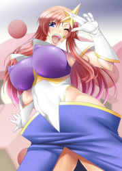 Rule 34 | 00s, 1girl, ayato, blue eyes, breasts, covered navel, covered erect nipples, gloves, gundam, gundam seed, gundam seed destiny, haro, highres, large breasts, leotard, long hair, meer campbell, nipples, one eye closed, open mouth, pink hair, skirt, smile, solo, star (symbol), thick thighs, thighs