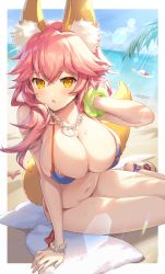 Rule 34 | 1girl, animal ear fluff, animal ears, bare shoulders, beach, bikini, blue bikini, blue sky, blush, bracelet, breasts, cleavage, collarbone, day, fate/grand order, fate (series), fox ears, fox girl, fox tail, gomashio ponz, hat, highres, jewelry, large breasts, lens flare, long hair, looking at viewer, navel, necklace, ocean, open mouth, outside border, palm tree, pink hair, revision, sand, sidelocks, sky, starfish, sun hat, sunlight, swimsuit, tail, tamamo (fate), tamamo no mae (fate/extra), tamamo no mae (swimsuit lancer) (fate), tamamo no mae (swimsuit lancer) (third ascension) (fate), thighs, towel, tree, unworn hat, unworn headwear, wet, white headwear, yellow eyes