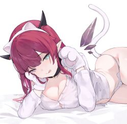 Rule 34 | 1girl, :p, absurdres, animal ears, animal hands, animal print, artist name, blue eyes, breasts, cat ears, cat panties, cat paws, cat print, cat tail, cleavage, collared shirt, commentary, crystal wings, english commentary, fake animal ears, gloves, headband, heterochromia, highres, hololive, hololive english, horns, irys (hololive), large breasts, licking lips, long hair, long sleeves, looking at viewer, namiorii, no pants, panties, paw gloves, pink eyes, pointy ears, print panties, purple hair, reclining, shirt, simple background, solo, tail, tongue, tongue out, underwear, virtual youtuber, white background, white panties, white shirt