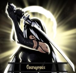 Rule 34 | 1girl, absurdres, arms up, bare shoulders, black gloves, black shirt, breasts, commentary, crossover, darkest dungeon, elbow gloves, english text, gameplay mechanics, gloves, glowing, highres, holding, katana, light, long hair, medium breasts, nier:automata, nier (series), parody, shirt, silver hair, solo, sorapoi, sword, upper body, weapon, a2 (nier:automata)