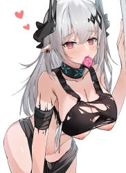 Rule 34 | 1girl, absurdres, arknights, arusu mie mie zi, bare shoulders, bikini, bikini bottom only, black bikini, blush, breasts, bright pupils, cleavage, closed eyes, collarbone, condom, condom in mouth, condom wrapper, cowboy shot, grey hair, heart, highres, horns, infection monitor (arknights), large breasts, long hair, looking back, material growth, mouth hold, mudrock (arknights), mudrock (silent night) (arknights), navel, nipple slip, nipples, oripathy lesion (arknights), pointy ears, pulling own clothes, red eyes, simple background, smile, swimsuit, torn bikini, torn clothes, white background