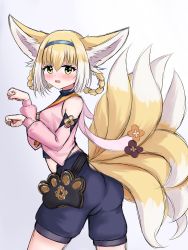 Rule 34 | 1girl, absurdres, animal ears, arknights, ass, bare shoulders, black shorts, blonde hair, blue hairband, blush, braid, braided hair rings, breasts, commentary, cosplay, detached sleeves, diona (genshin impact), diona (genshin impact) (cosplay), english commentary, fox ears, fox girl, fox tail, from side, genshin impact, gradient background, grey background, hair between eyes, hair rings, hairband, highres, kitsune, kyuubi, long sleeves, looking at viewer, looking to the side, multicolored hair, multiple tails, open mouth, paw pose, pink shirt, pink sleeves, puffy long sleeves, puffy sleeves, rylaera, shirt, shorts, small breasts, solo, suzuran (arknights), tail, twin braids, two-tone hair, wavy mouth, white background, white hair