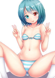 Rule 34 | 1girl, aqua eyes, aqua hair, blush, bra, breasts, double v, ebi 193, heterochromia, looking at viewer, navel, panties, red eyes, short hair, simple background, small breasts, smile, solo, striped clothes, striped panties, tatara kogasa, tongue, tongue out, touhou, underwear, underwear only, v