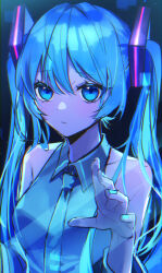Rule 34 | 1girl, black background, blue background, blue eyes, blue hair, blue nails, blue necktie, closed mouth, collared shirt, grey shirt, hatsune miku, long hair, looking at viewer, multicolored background, necktie, shirt, sleeveless, sleeveless shirt, solo, soramame pikuto, twintails, vocaloid, wrist cuffs