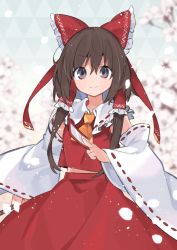 Rule 34 | 1girl, akagashi hagane, ascot, bare shoulders, blurry, blurry background, bow, brown eyes, brown hair, cherry blossoms, cowboy shot, detached sleeves, frilled shirt collar, frills, gohei, hair between eyes, hair bow, hair tubes, hakurei reimu, holding, light particles, long hair, long sleeves, looking at viewer, midriff peek, ofuda, petals, red bow, red skirt, ribbon-trimmed collar, ribbon-trimmed sleeves, ribbon trim, sidelocks, skirt, skirt set, smile, solo, touhou, wide sleeves, yellow ascot