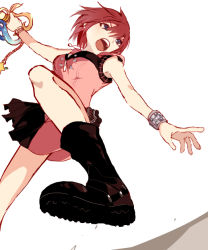 Rule 34 | 1girl, asymmetrical clothes, black footwear, boots, bracelet, breasts, buttons, dress, hair between eyes, holding, holding weapon, jewelry, kairi (kingdom hearts), keyblade, kingdom hearts, kingdom hearts iii, leg up, medium breasts, open mouth, pink dress, plaid, plaid dress, purple eyes, ramochi (auti), red hair, short dress, short hair, simple background, sleeveless, sleeveless dress, solo, teeth, v-shaped eyebrows, weapon, white background, zipper pull tab