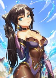 Rule 34 | 1girl, bare shoulders, black hair, blue eyes, blue leotard, blue sky, bodysuit, bodysuit under clothes, bow, breasts, brown pantyhose, choker, cleavage, commentary, covered navel, earrings, english commentary, genshin impact, gloves, hair bow, hair ornament, half-closed eyes, highres, ja mong, jewelry, leotard, long hair, long sleeves, looking at viewer, medium breasts, mona (genshin impact), no headwear, pantyhose, sky, smile, solo focus, sparkle, star (symbol), star choker, star earrings, star hair ornament, strapless, strapless leotard, twintails, water