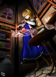 Rule 34 | 1girl, alice margatroid, blonde hair, book, bottle, capelet, do (ado), dress, female focus, hairband, lamp, short hair, smile, solo, standing, table, touhou, window