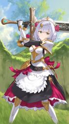 Rule 34 | 1girl, absurdres, apron, armor, armored dress, black dress, blue sky, braid, breastplate, clip studio paint (medium), closed mouth, cloud, day, dress, e ga ku, flower, gauntlets, genshin impact, greatsword, green eyes, grey hair, hair flower, hair ornament, hat, highres, holding, holding sword, holding weapon, knight, maid, mixed-language commentary, noelle (genshin impact), outdoors, red flower, red rose, rose, short hair, shoulder armor, sky, smile, solo, sword, waist apron, weapon, white apron, white hat
