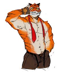 Rule 34 | 1boy, animal ears, bara, cropped legs, finger in own mouth, fortnite, furry, furry male, highres, large pectorals, looking at viewer, male focus, mature male, muscular, muscular male, navel, navel hair, necktie, nipples, orange fur, oscar (fortnite), papyuuno, pectorals, short hair, solo, thick eyebrows, tiger boy, tiger ears, topless male, undone necktie, white fur