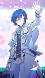 Rule 34 | 1boy, a m m a, belt, blue eyes, blue hair, blue nails, blurry, blurry background, buttons, clover, collared shirt, commentary request, dark blue hair, fingernails, flower, four-leaf clover, glowstick, hair between eyes, highres, kaito (vocaloid), lapels, long sleeves, male focus, microphone, nail polish, one eye closed, pants, penlight (glowstick), project sekai, scramble fan festa! (project sekai), shirt, solo, teeth, vocaloid, white pants