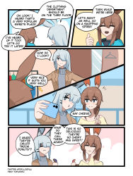 Rule 34 | 2girls, :d, :t, ^ ^, amiya (arknights), animal ear fluff, animal ears, arknights, black jacket, blush, brown hair, brown jacket, brown shirt, cellphone, closed eyes, closed mouth, comic, eating, english text, food, frostnova (arknights), grey sweater, hair between eyes, hair ornament, hair over one eye, hairclip, highres, holding, holding food, holding phone, jacket, long hair, multiple girls, off-shoulder shirt, off shoulder, open clothes, open jacket, open mouth, phone, ponytail, puckered lips, rabbit ears, shirt, sidelocks, smile, sweater, tofudofu, turtleneck, turtleneck sweater, wavy mouth