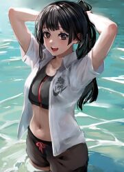 Rule 34 | 1girl, bad id, bad twitter id, bikini, black bikini, black eyes, black hair, blunt bangs, collared shirt, long hair, looking at viewer, navel, official alternate costume, open mouth, partially submerged, protagonist 2 (housamo), ripples, shirt, sidelocks, smile, solo, sports bikini, swimsuit, tass commuovere, tokyo houkago summoners, tying hair, upper body, wet, wet clothes, wet shirt, white shirt