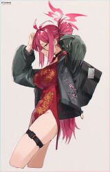 Rule 34 | 1girl, antenna hair, arms up, artist name, backpack, bag, black choker, black jacket, blue archive, breasts, bug, china dress, chinese clothes, choker, closed mouth, cropped legs, dress, earrings, from side, halo, highres, jacket, jewelry, large breasts, long sleeves, looking at viewer, looking to the side, lufi ays, mole, mole under eye, open clothes, open jacket, purple hair, red dress, red eyes, reijo (blue archive), simple background, solo, thigh strap, yellow background