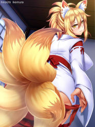 Rule 34 | 1girl, aged up, animal ears, artist name, blonde hair, blush, breasts, ceiling, closed mouth, cowboy shot, facing viewer, fox ears, fox girl, fox tail, from behind, hair between eyes, happy, high ponytail, high school dxd, ikemura hiroichi, indoors, japanese clothes, kunou (high school dxd), large breasts, long hair, long sleeves, looking at viewer, looking back, miko, multiple tails, ponytail, room, smile, solo, standing, tail, wall, wide sleeves, window, yellow eyes