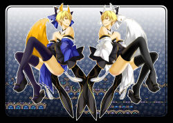 Rule 34 | 10s, 2boys, animal ears, bare shoulders, black legwear, blonde hair, bow, cosplay, crossdressing, detached sleeves, dual persona, fate/extra, fate/stay night, fate (series), fox ears, fox tail, geta, gilgamesh (fate), hair bow, hair ribbon, japanese clothes, male focus, multiple boys, palette swap, psyche59, red eyes, ribbon, short hair, symmetry, tail, tamamo (fate), tamamo cat (fate), tamamo no mae (fate/extra), tamamo no mae (fate/extra) (cosplay), thighhighs