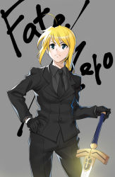 Rule 34 | 1girl, ahoge, artoria pendragon (all), artoria pendragon (fate), azu, blonde hair, fate/stay night, fate/zero, fate (series), formal, frown, gloves, hand on own hip, hip focus, necktie, pant suit, pants, ponytail, saber (fate), solo, suit, sword, weapon