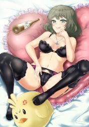 Rule 34 | 1girl, 2017, alcohol, anger vein, black bra, black panties, black thighhighs, blue eyes, bottle, bra, breasts, brown hair, cameltoe, cleavage, commentary request, corey (anmichi28), feet, garter belt, green eyes, happy new year, heterochromia, highres, idolmaster, idolmaster cinderella girls, jewelry, kotoyoro, large breasts, lingerie, looking at viewer, mole, mole under eye, navel, necklace, new year, no shoes, open mouth, panties, partially visible vulva, sake, sake bottle, short hair, smile, solo, stuffed chicken, takagaki kaede, thighhighs, underwear, underwear only
