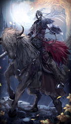 Rule 34 | 1other, absurdres, ambiguous gender, armor, bloody wolf (elden ring), cape, cloak, elden ring, full armor, gauntlets, haikei (le gris no9), helm, helmet, highres, holding, holding sword, holding weapon, horns, horse, horseback riding, looking at viewer, moon, riding, sword, tarnished (elden ring), torrent (elden ring), weapon