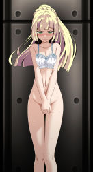 Rule 34 | 1girl, against wall, bare arms, bare legs, blonde hair, blush, bottomless, bra, braid, breasts, cleavage, closed mouth, collarbone, covering crotch, covering privates, cowboy shot, creatures (company), floating hair, game freak, green eyes, highres, lillie (pokemon), long hair, looking down, medium breasts, navel, nintendo, pokemon, pokemon sm, ponytail, solo, standing, sweatdrop, tears, thigh gap, tsukishiro saika, underwear, underwear only, very long hair, white bra