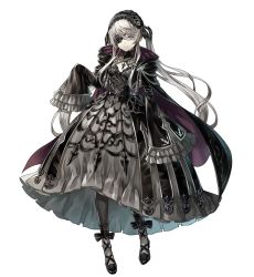 Rule 34 | 1girl, black dress, blue eyes, cloak, commentary request, dress, flower eyepatch, frilled hairband, frills, full body, gothic lolita, hairband, high heels, hood, hood down, hooded cloak, lolita fashion, long hair, looking at viewer, original, pantyhose, pumps, senano-yu, silver trim, sleeves past wrists, smile, solo, twintails, white hair, wide sleeves